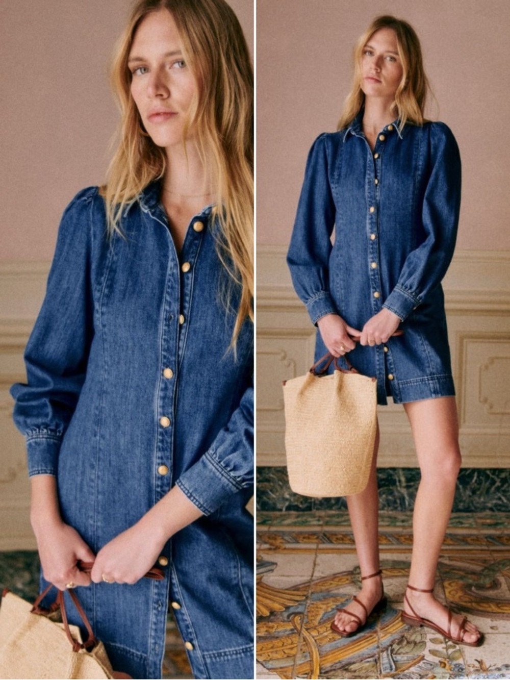 Sezane Eulalia Denim Dress NWT Blue Jean Mini Dress Gold Buttons Paris Size US 4